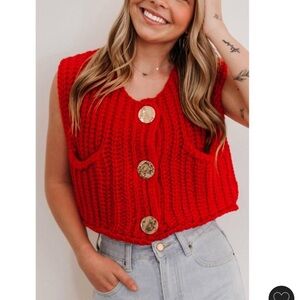 Women's Cropped Knit Sweater Vest Sleeveless Big Button Down